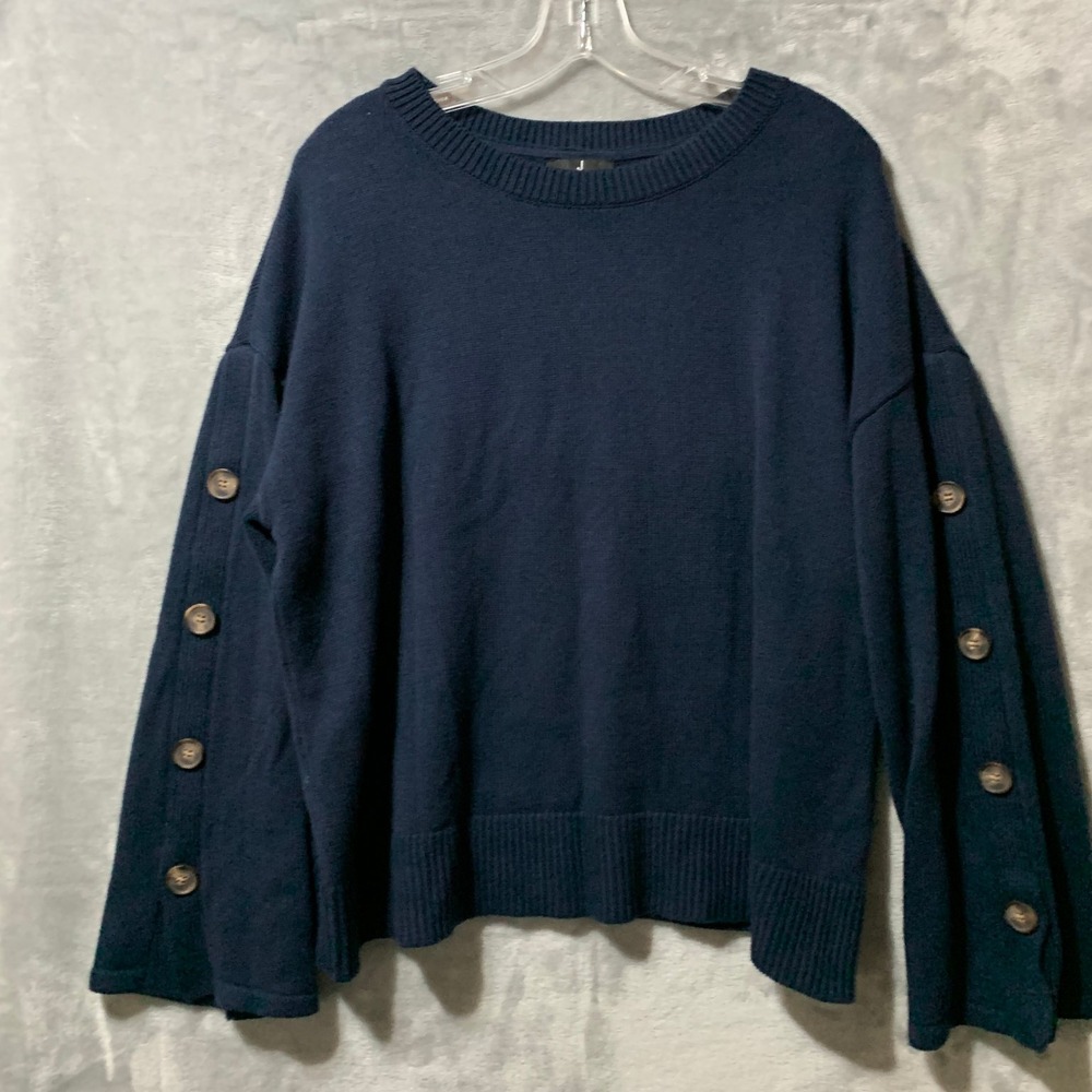 Jason Wu Sweater Women's Navy Blue Large Button Sleeve Cotton‎ Marine Boho Crew